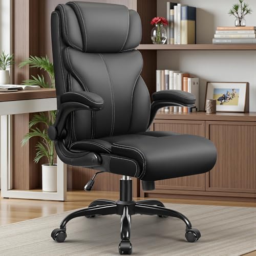 PU Leather Executive Office Chair, Ergonomic High-Back Computer & Gaming Chair with Adjustable Height, Rolling Swivel & Flip-Up Armrests, Comfy Padded Seat for Home Office-Black