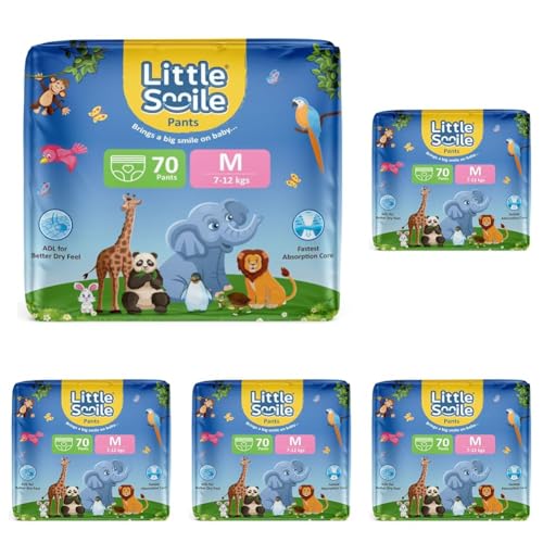 Image of Baby Diapers Pant Style | Medium (M) Size | Ideal for 7-12 Kgs Baby | 70 Count- Odorless and Antibacterial Layer with Urine Indicator (Pack of 5)