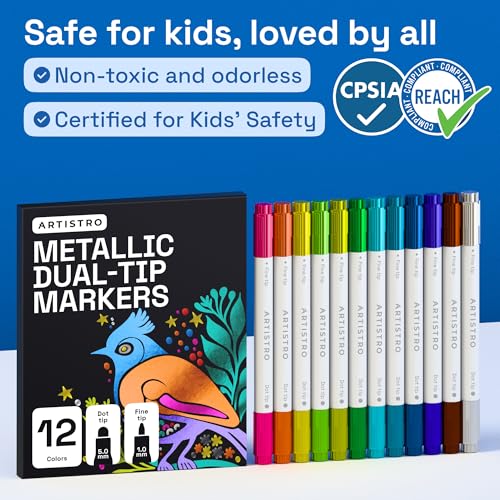 Image of ARTISTRO 12 Metallic Dual-Tip Acrylic Paint Markers - Paint Pens Set with Dot & Fine Tips for Fabric, Rock, Glass, Wood, Coloring Books - Arts & Crafts Gift - Classroom Must Haves & School Supplies