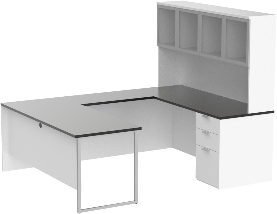 Bestar Pro-Concept Plus U-Shaped Executive Desk with Pedestal and Frosted Glass Doors Hutch, White/Deep Grey