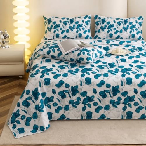 Image of IVAZA 240 TC Soft Ezyption Cotton Floral Print King Size Bedsheet - with 2 Pillow Covers, Hypoallergenic, Brethable, (Size- 90 x 90 Inch) White Blue Leaf