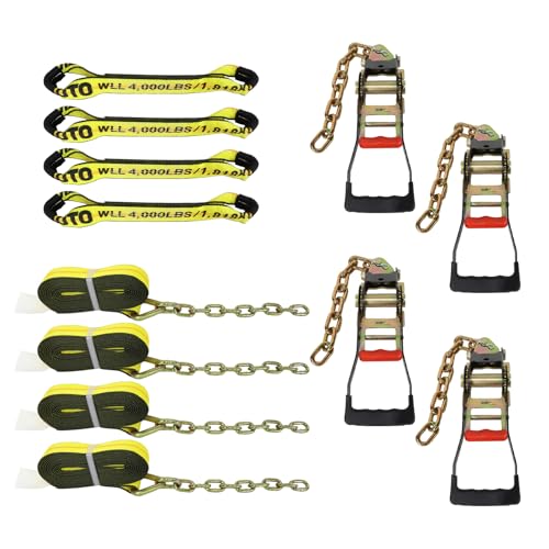 TREKATL AUTO 8 Point Roll Back Vehicle Tie Down Kit 12 Pcs 2 x 16 Tie Down Strap W/Chain Extension Ends 2x16 Sewn Eye Loop Short Strap 4.3 Ratchet with Chain Extension Ends(Tow Strap Kit)