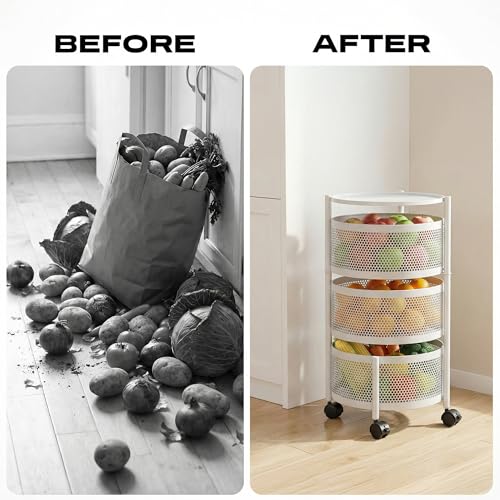 Image of Metal Multi-Purpose Trolley Kitchen Storage Organizer Rack Stand with 360 Wheels | 3 Layer Round Design | Kitchen Accessories Items for Fruit Vegetable Onion Rack for Kitchen (White)