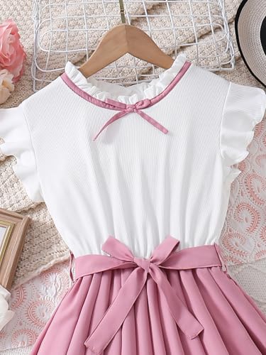 SHENHE Girl's Pleated Dress Ruffle Short Sleeve A Line Cute Bow Belted Swing Midi Dress3