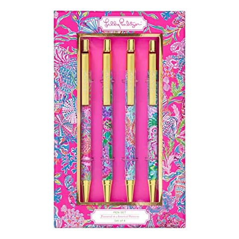 Lilly Pulitzer Black Ink Pen Set of 4, Retractable Pens for Home or Office, Colorful Plastic Click Pens, Shell Me Something Good (Assorted) Cover