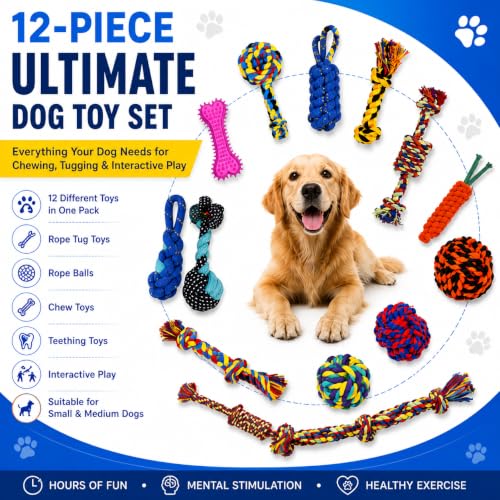 Image of Dog Rope Toys for Large /Medium Aggressive Chewers Tough Rope Chew Toy with Easy Hold Handle, Indestructible Natural Cotton Tug Rope (12-Piece Rope)