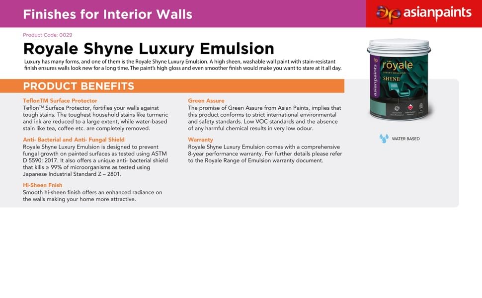 Image of Asian Paint Royale Shyne Luxury Emulsion Premium Interior Emulsion - Luxury Finish | Stain Resistant, Washable | 10 Liter (White)