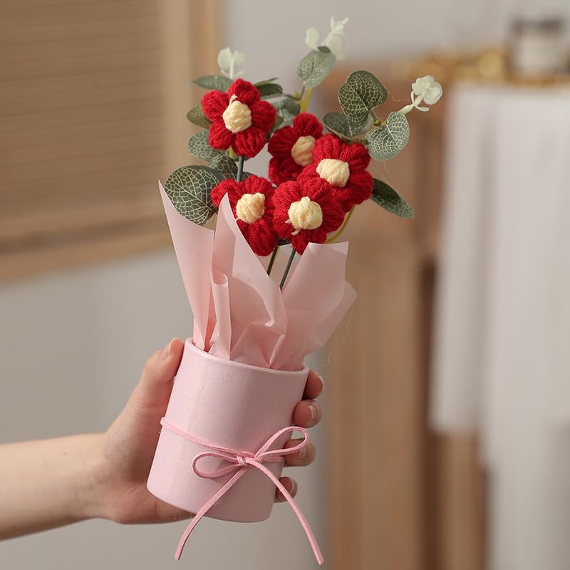 Image of Handmade Red Crochet Bouquet- Pack of 1 - Hand Woven Knitted Artificial Hand Knitted Bouquet Flower for Office Desk, Table, Car, Bedroom, Wedding & Special Occasions