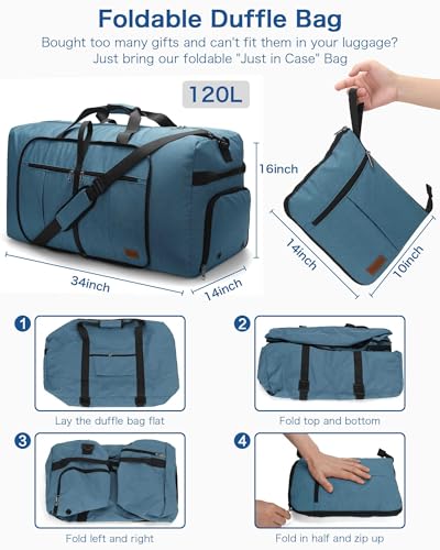 Image of Urtala Travel Duffel Bag for Women & Men, Large Foldable Overnight Weekender Bag with Shoes Compartment & Shoulder Strap, Lightweight Waterproof Luggage Bag, Light Blue, 120L, Casual