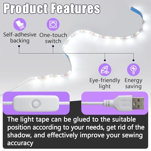 Image of 3Pcs Sewing Machine Light Strip with Pushbutton Dimmer, 12in Sewing Machine Lights Led Strip with 17LEDS, Daylight White Sewing Machine Light Fits All Sewing Machines