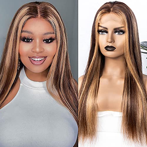 Highlight Lace Front Wig Human Hair Straight Ombre Brown Blonde T4/27 Color Pre Plucked 180% Density 12A Brazilian Virgin Hair 4X4 Lace Closure Wigs For Black Women 20inch