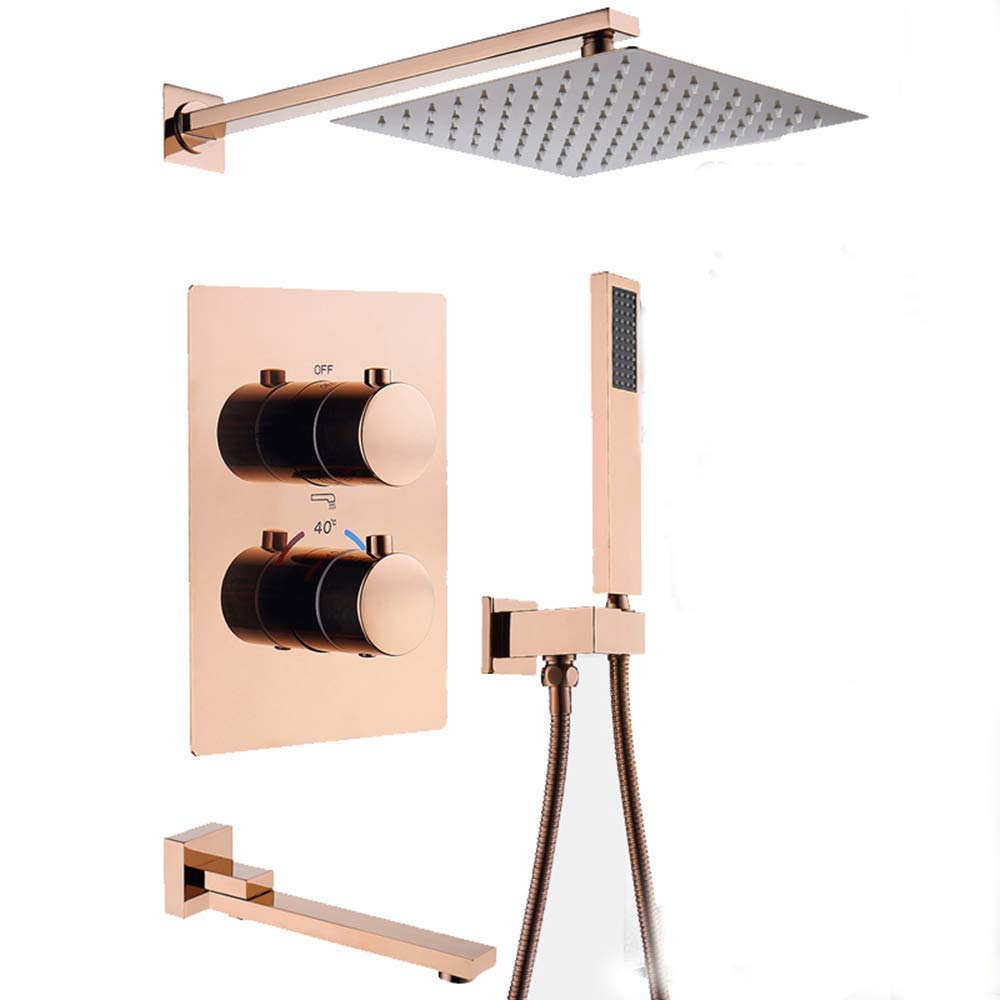 QUSYZD Thermostatic Rain Rain Mixer Shower Combo Set Wall Mounted Bathroom Shower Faucet Set with Shower Head, Handheld Shower, Rotatable Bathtub Faucet, Embedded Box,Rose,Rose Gold