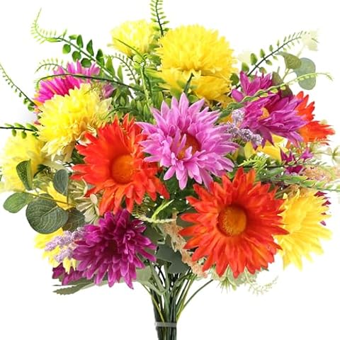 MHMJON Artificial Flowers Faux Gerbera Daisies Flowers Bouquet Fake Silk Flowers Arrangements Cemetery Flowers for Grave for Home Indoor Table Vase Wedding Party Decor (13.38in) Cover