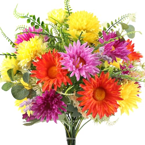MHMJON Artificial Flowers Silk Gerbera Daisies Bouquet | Mix Bouquet, Faux Colorful Flowers Spring Silk Floral Arrangements for Home Indoor Table Vase Wedding Party Decor Cemetery (13.38 in)