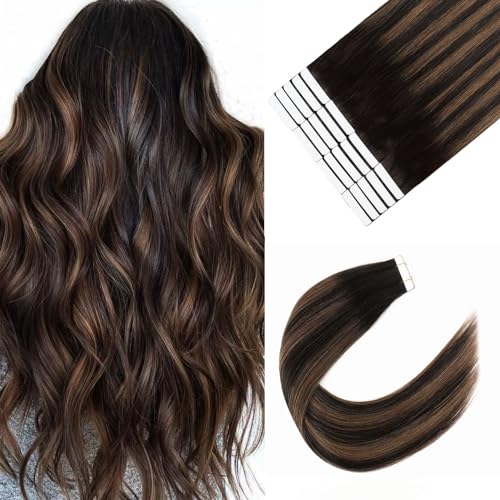 Image of Sixstarhair Tape In Hair Extensions Chocolate Brown Highlighted Caramel Blonde Color Tape In Extensions Ombre Brown Tape Hair Extensions Real Human Hair 50g per Pack 20pcs [P2 /6 /2 16inch]