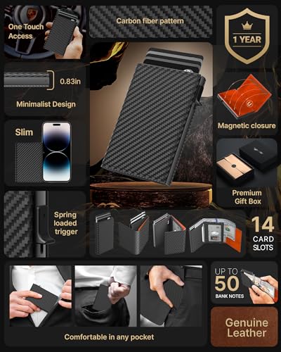 Image of typecase Mens Wallet Card Holder: Pop Up Aluminum Case, Carbon Fiber Leather, Smart, RFID Blocking, Slim, Minimalist, Front Pocket - 9-14 Card Capacity | ID Window | Cash Slot (Orange)