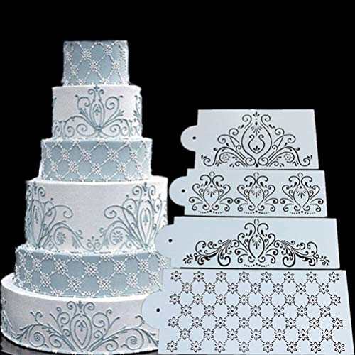Ikasus AFSSS900773WBBWHITE 4 Pcs Cake Decorating Stencils Mold Plastic Templates Spray Floral Cake Mold Fine Hollow Lace Cookie Fondant Dessert Decorating Molds Side Baking Mesh Stencil Tool cover