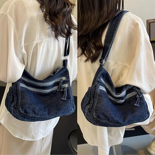 Image of Large Denim Purses for Women Denim Tote Bag Casual Retro Crossbody Lightweight Shoulder Bag Canvas Handbags