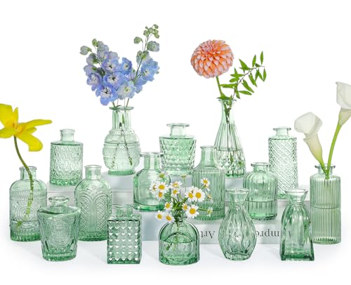 SUPMIND Glass Bud Vase Set, 16pcs Small Green Flower Vases for Table Centerpieces in Bulk, Mini Vintage Vase for Wedding, Home, Table Decoration