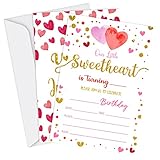 Little Sweetheart Birthday Party Invitations, Pink Gold Hearts Valentine's Birthday Invitations, Sweetheart Party Supplies for Girls Boys, Birthday Party Decorations, 20 Cards with Envelopes - I15