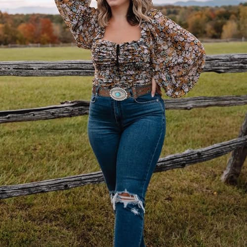 Image of XZQTIVE Women Western Leather Belt Vintage Country Belts For Cowgirl Jeans Dresses Ladies Concho Belt With Turquoise Buckle