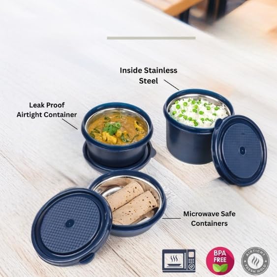 Image of PRESCO Stainless Steel Teso Container Set | Microwave Safe and Dishwasher Safe Food Storage Bowls with Airtight Lids | Leak-Resistant Lunch Bowls (Set of 3) (Blue)