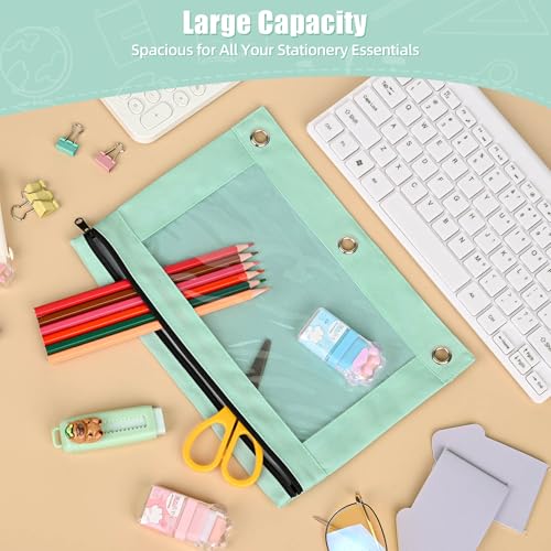 Image of Lanpn Pencil Pouch for 3 Ring Binder 6 Pack, Pastel Binder Pen Bags with Zipper, 3 Holes Pencil Holder Stationary Organizer for Boy Girl Kids School Student, Reinforced Grommets & Clear Window, Green