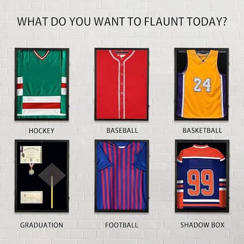 Image of Jersey Frame Display Case 2 Pack, Lockable Shadow Box Sports Jersey Frame with UV Protection Acrylic and Metal Hanger for Baseball Basketball Football Soccer Hockey XXL Shirt, Black