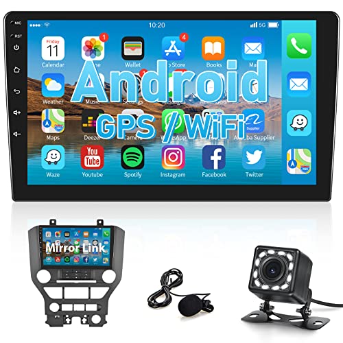Android Autoradio 2 Din GPS WiFi, 9 Pouces Écran Tactile Radio avec Bluetooth Main Libre Miroir Lien FM SWC Caméra de Recul Microphone pour Ford Mustang 2015-2020