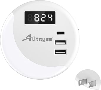 Alitayee LED Night Light, Night Lights Plug Into Wall, Smart Light Sensor Nightlight with USB C ChargerMAX 15.5W and Digital Clock for Bedroom Stairs Kitchen Hallway Room Kids Adults Daylight White