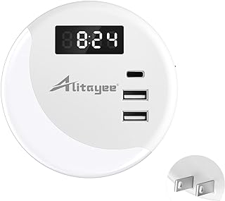 Alitayee LED Night Light, Night Lights Plug Into Wall, Smart Light Sensor Nightlight with USB C Charger(MAX 15.5W) and Digital Clock for Bedroom Stairs Kitchen Hallway Room Kids Adults Daylight White