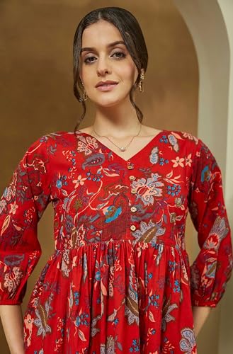 Image of Janasya Women's Red Pure Cotton Floral Printed Peplum Co-ord Set