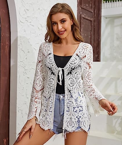 Image of Women's Cotton Casual Floral Lace Crochet Long Sleeve Cardigan Boho Cover Up