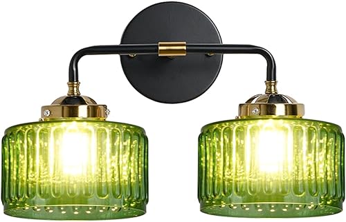Miniatura 8 de Lámparas de baño de mediados de siglo, aplique de pared con 2 luces con pantalla de rayas verdes, luz de montaje en pared de vidrio, luces modernas