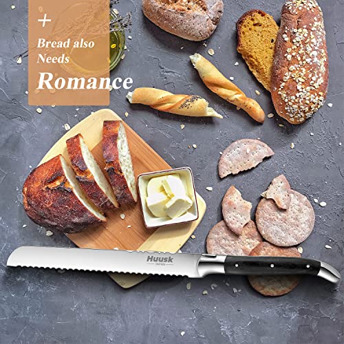 Huusk Chef Serrated Bread Knife For Homemade Bread High Carbon Steel Tojiro Knife With Wide Wavy Edge Tomato Knife With French Full Tang Handle Thanksgiving Christmas Gift #TOP5