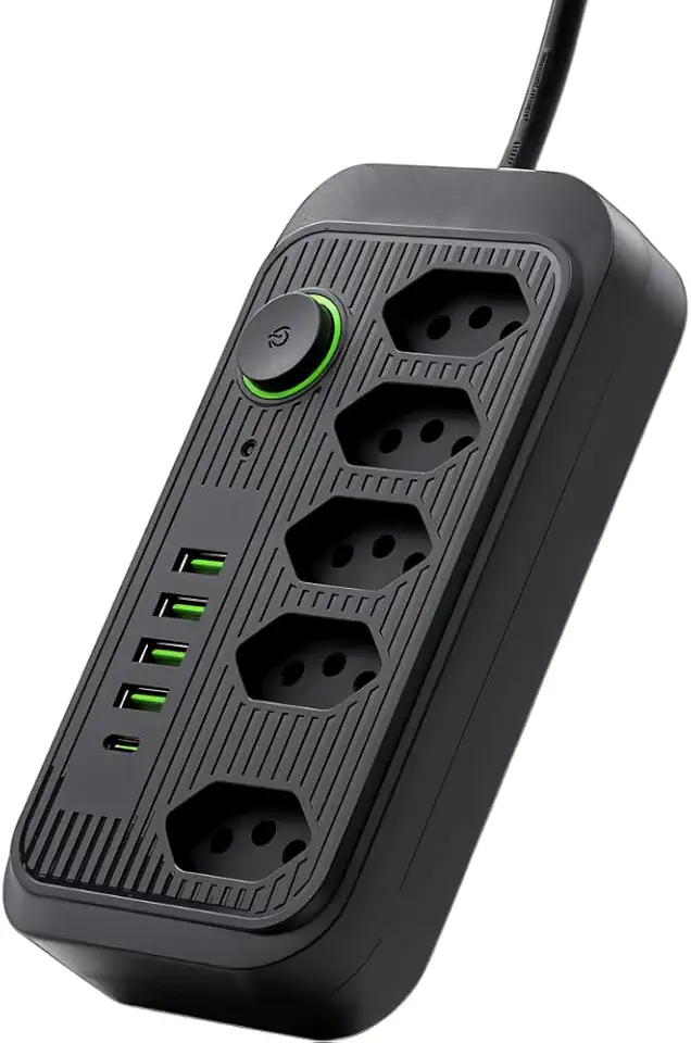 Filtro de Linha, Extensão Tomada, Régua Tomada, Régua de Energia (5 Tomadas + 4 USB + 1 USB-C) – Extensão Elétrica Bivolt 110–220V com Cabo de 2 m | Ideal para Casa, Escritório e Home Office