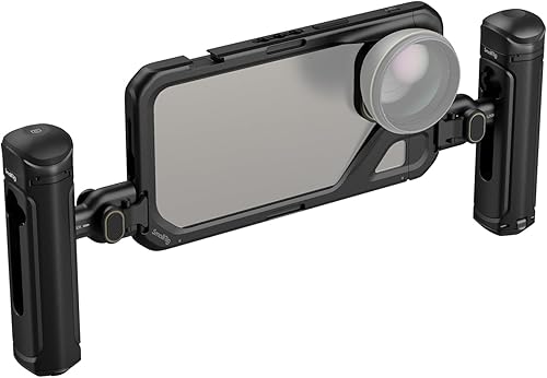 Miniatura 8 de SmallRig Kit de jaula de teléfono de mano dual para iPhone 15 Pro Max, kit de jaula de video móvil con asas dobles inalámbricas de liberación rápida