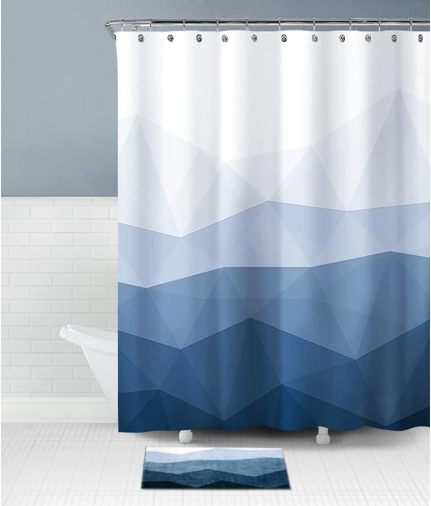 Sunlit Modern Design Ombre Blue Fabric Shower Curtain Set with Bathroom Rug Non-Slip 17"x24" Bath Mat