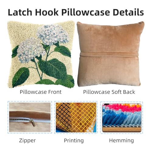 Image of DIY Latch Hook Pillow Kits for Adults Hydrangea Flowers Printed Pillowcase Crochet Yarns Hooking Handmade Pillow Cover Cushion for Home Sofa Decoration 17x17inch-5