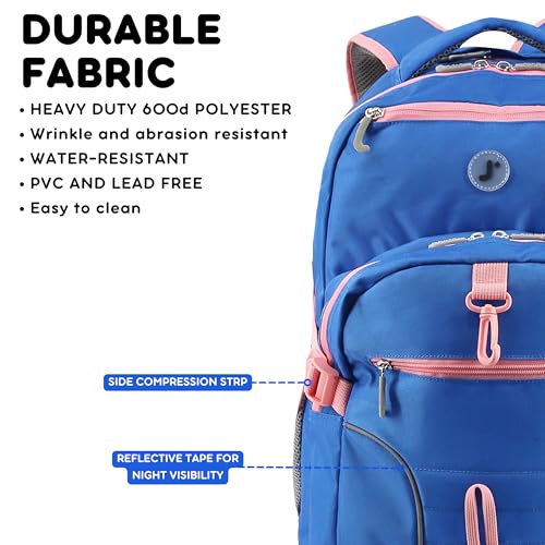 Image of J World New York Atom Laptop Backpack - Ergonomic Backpack for School with Air Mesh Padded Shoulder Straps - 600D Polyester Work Backpack for Men and Women - Stylish Design, Navy Pink
