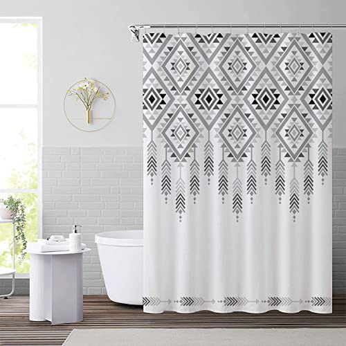 Decoreagy Southwestern Shower Curtain Grey White Aztec Shower Curtain For Bathroom Navajo Ethnic Tribal Geometry Waterproof Fabric Stall Shower Curtain Sets With 12 Hooks Extra Long 72X72In #TOP1