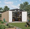 10x12 ft Outdoor Storage Shed, Large Metal Sheds with Lockable Door and Sloping Roof, Extra Large Utility Tool Storage Shed for Patio Lawn Backyard Outside Use, Brown