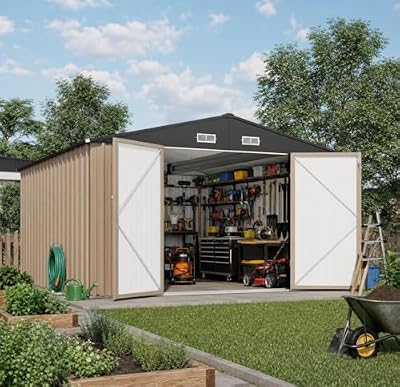 10x12 ft Outdoor Storage Shed, Large Metal Sheds with Lockable Door and Sloping Roof, Extra Large Utility Tool Storage Shed for Patio Lawn Backyard Outside Use, Brown
