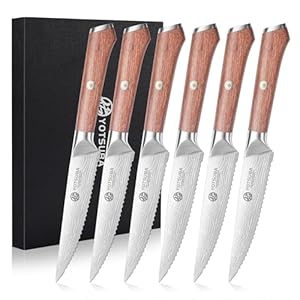 YOTSUBA Steakmesser Set 6-teilig, 12cm Küchen Steakbesteck Messer aus hochwertiger Deutscher Edelstahl, ultrascharfe Gezahnte Steak Küchenmesser und ergonomischer Holzgriff, Tafelmesser Geschenkbox