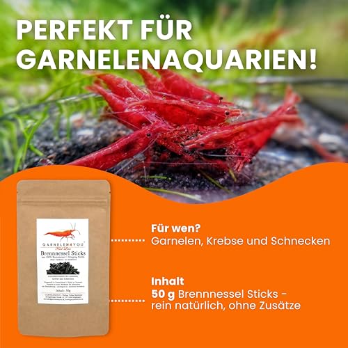GARNELEN4YOU® Brennnessel Sticks – Premium Garnelenfutter aus 100% Brennnessel – pflanzliche Futter Pellets für Garnelen, Krebse & Schnecken – nachhaltige Verpackung – Made in Germany – 50 g