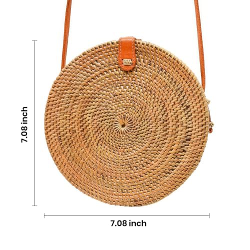 Image of Handwoven Round Rattan Purse Crossbody - Straw Basket Wicker Bag for Women - Circle Summer Handbag
