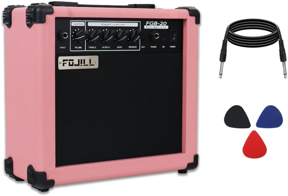 Fojill 20W Watt Electric Bass Guitar Amplifier Amp Practice Small Portable Travel with Headphone Jack Aux Distortion Gain Treble Bass Presence Volume Jack (Pink)