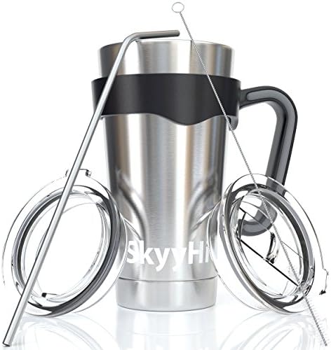 6-Piece Stainless Steel Vacuum Insulated Tumbler Set (20 oz or 30 oz Tumblers), Tea Cup or Coffee Travel Mug with Handle, 2 Lids, Straw & Brush - Double Wall Insulation for Hot & Cold Drinks