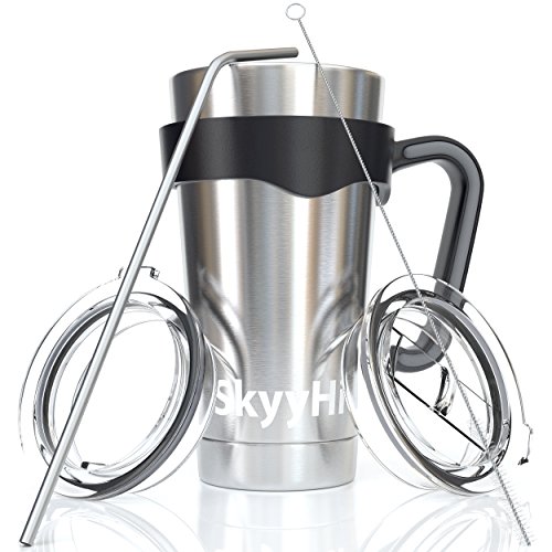 6-Piece Stainless Steel Vacuum Insulated Tumbler Set (20 oz or 30 oz Tumblers), Tea Cup or Coffee Travel Mug with Handle, 2 Lids, Straw & Brush - Double Wall Insulation for Hot & Cold Drinks