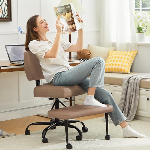 Image of Ergonomic Criss Cross Legged Office Chair, ADHD Chair, 360 Swivel Meditation Kneeling Chair with Wheels, Adjustable Footrest, Bigger & Wider Height Adjustable Seat, Strong Lumbar Support, Brown PU